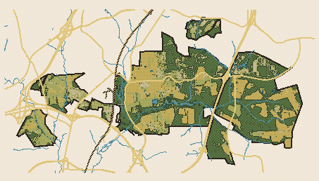 Pixel-art map of the Beltsville Agricultural Research Center — its woods, fields, road and rail grid, and two landmarks.